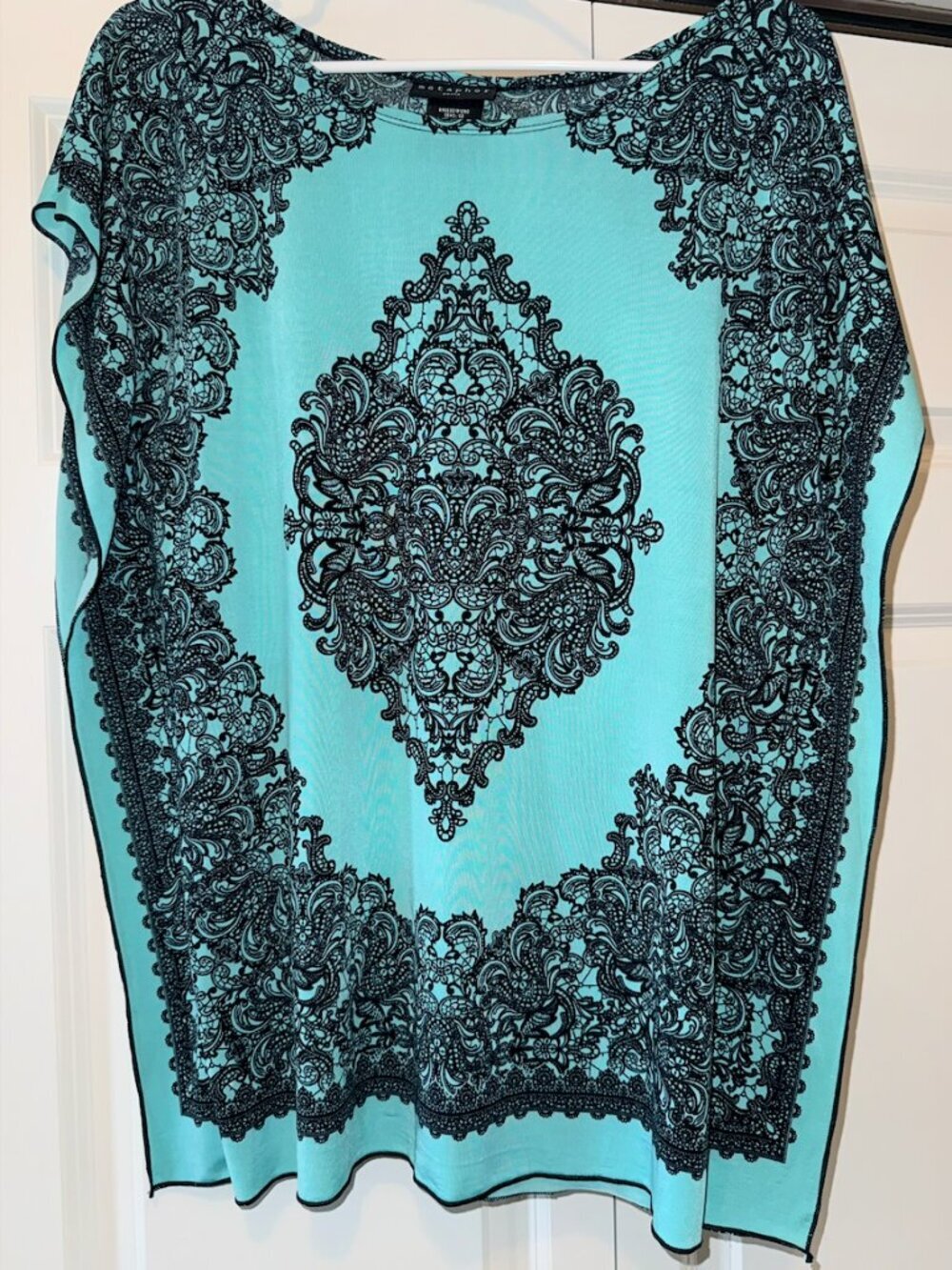 Metaphor Turquoise Black Ornate Print Poncho Blouse Flowy Boho Top Large Petite